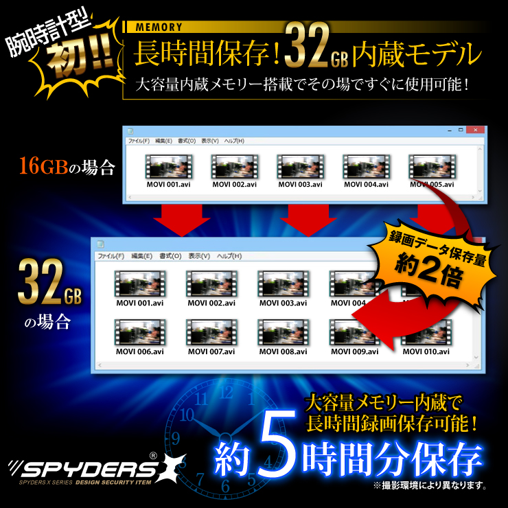 腕時計型カメラ 小型カメラ スパイダーズX (W-704) スパイカメラ 1080P 赤外線ライト 32GB内蔵
