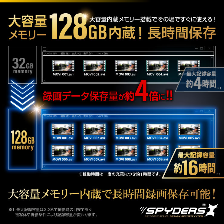 スパイダーズX 2.3K 腕時計型カメラ 小型カメラ 防犯カメラ 高画質 60FPS 128GB内蔵 スパイカメラ W-707α