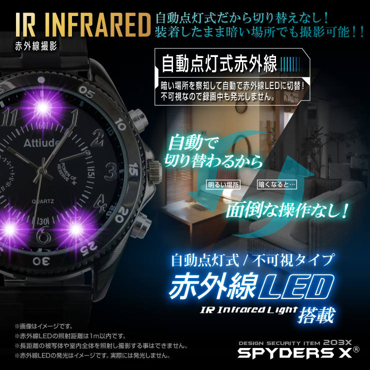 スパイダーズX 小型カメラ 腕時計型カメラ 防犯カメラ 赤外線LED 32GB内蔵 1080P スパイカメラ W-708