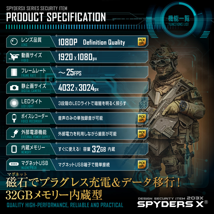 スパイダーズX 小型カメラ 腕時計型カメラ 防犯カメラ 1080P 32GB内蔵 磁石式USB LED スパイカメラ W-709