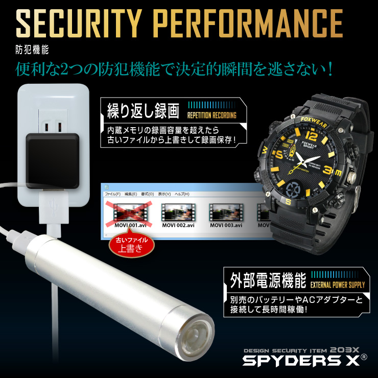 スパイダーズX 小型カメラ 腕時計型カメラ 防犯カメラ 1080P 32GB内蔵 磁石式USB LED スパイカメラ W-709