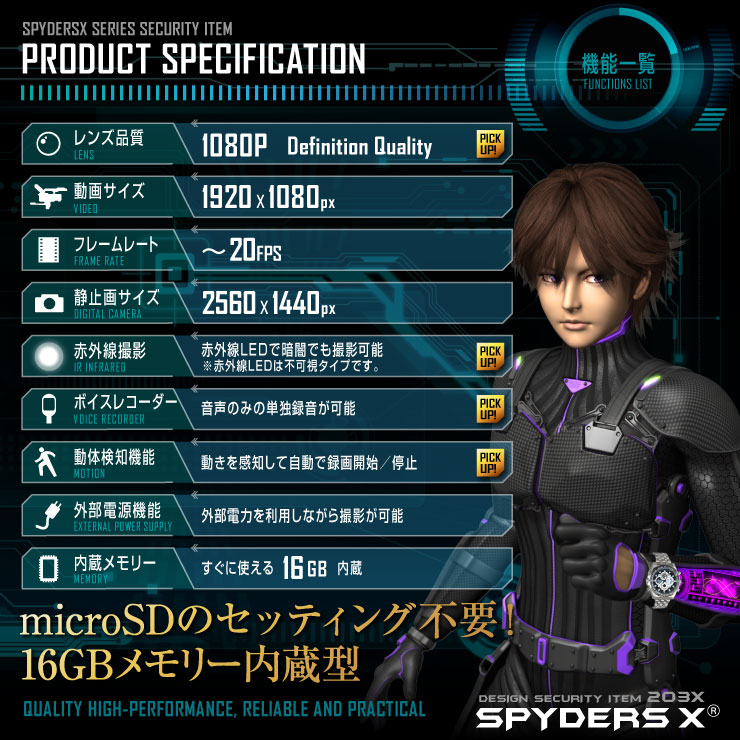 【小型カメラ】赤外線機能付腕時計型カメラ スパイダーズX(W-755)16GB内蔵、1200万画素フルハイビジョン
