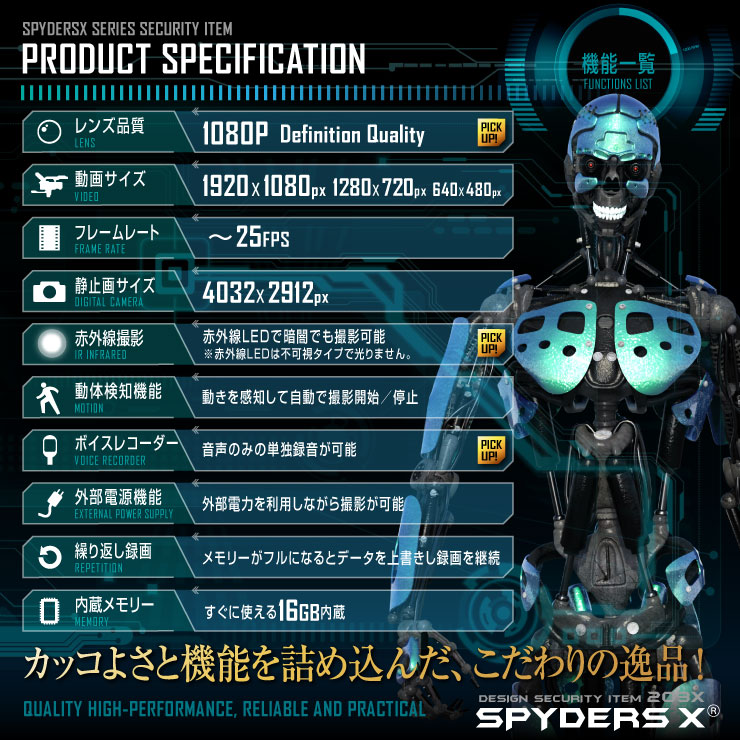 スパイダーズX 小型カメラ 腕時計型カメラ 防犯カメラ 1080P 赤外線LED 16GB内蔵 スパイカメラ W-790α