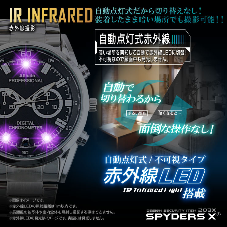 スパイダーズX 小型カメラ 腕時計型カメラ 防犯カメラ 1080P 赤外線LED 16GB内蔵 スパイカメラ W-790α