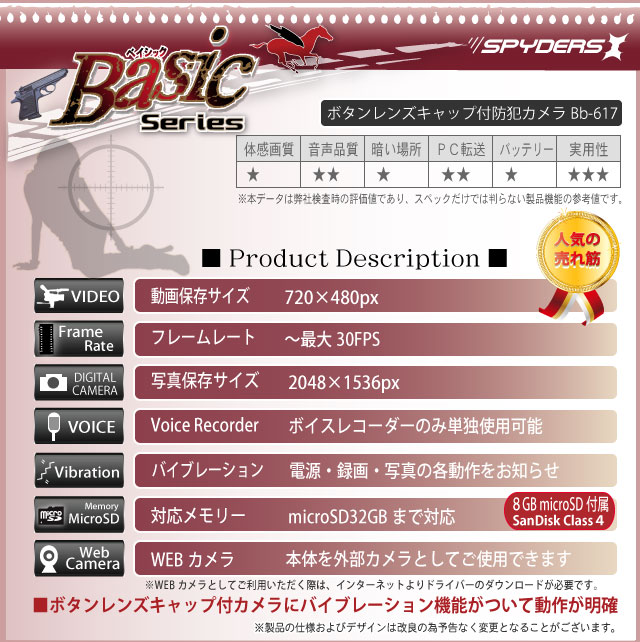 小型カメラ 防犯カメラ 小型ビデオカメラ ボタン型 スパイカメラ スパイダーズX Basic (Bb-617) メモリーカード付