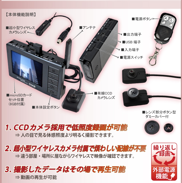 小型カメラ 防犯カメラ 小型ビデオカメラ Angel Eye 
スパイカメラ スパイダーズX Basic (Bb-623) MP4 H.264 有線CCDカメラ 2.4インチ液晶モニター