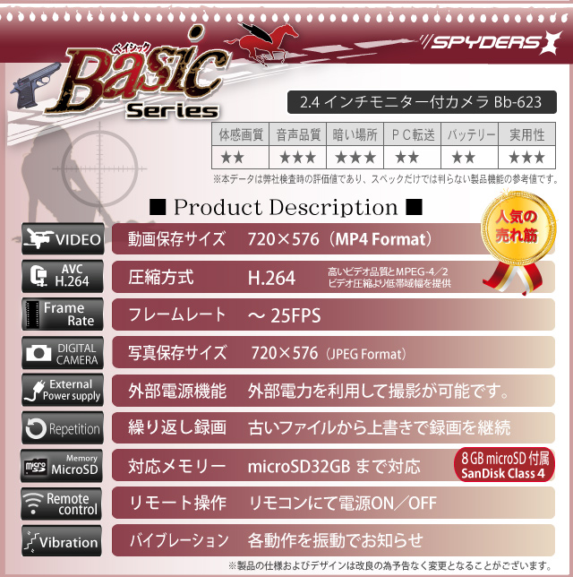 小型カメラ 防犯カメラ 小型ビデオカメラ Angel Eye 
スパイカメラ スパイダーズX Basic (Bb-623) MP4 H.264 有線CCDカメラ 2.4インチ液晶モニター