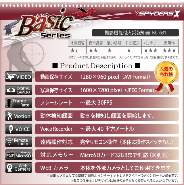 小型カメラ 防犯カメラ 小型ビデオカメラ 火災報知機 火災報知器型 スパイカメラ スパイダーズX Basic (Bb-631)