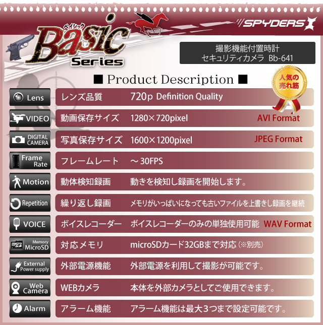 小型カメラ 防犯カメラ 小型ビデオカメラ 置時計 置時計型 マルチスパイカメラ スパイダーズX Basic (Bb-641W) ホワイト 720P 動体検知 外部電源