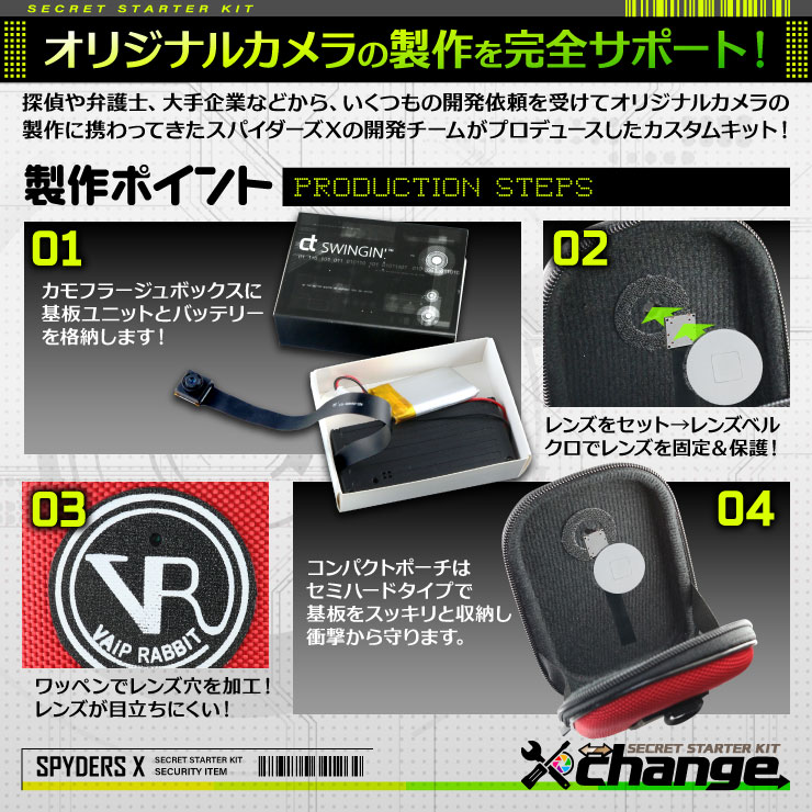 スパイダーズX change 小型カメラ コンパクトポーチ レッド シークレットキット 防犯カメラ 3.2K スパイカメラ CK-012B
