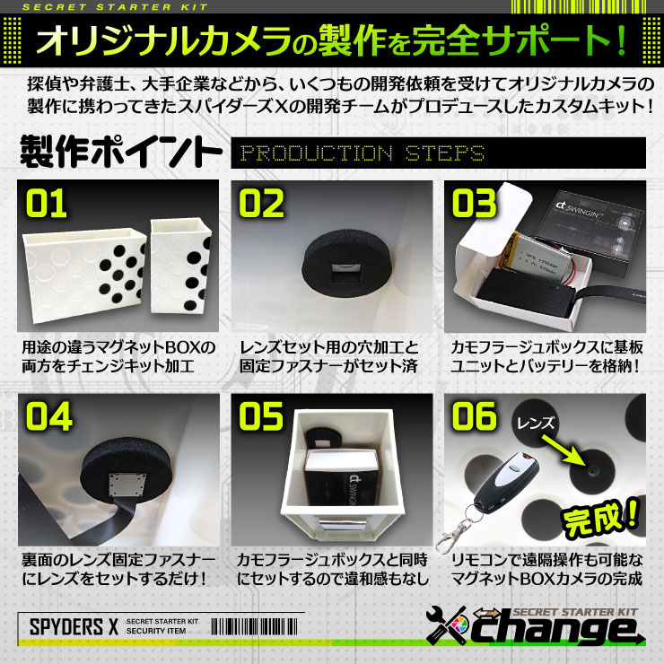 スパイダーズX change 小型カメラ マグネットBOX ホワイト シークレットキット 防犯カメラ 4K スパイカメラ CK-014B
