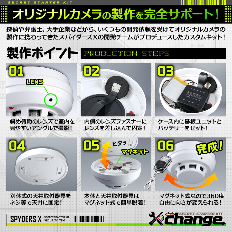 スパイダーズX change 小型カメラ 火災報知器 ホワイト シークレットキット 防犯カメラ 3.2K スパイカメラ CK-021A