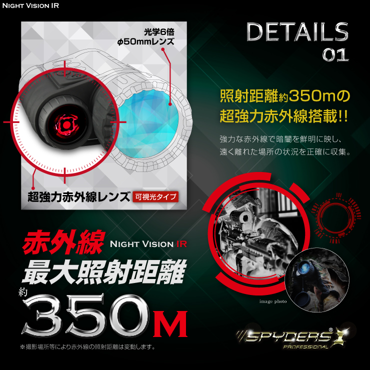 暗視スコープ 単眼鏡型ナイトビジョン 撮影機能付 防犯カメラ ビデオカメラ スパイカメラ スパイダーズX PRO (PR-813) 720P 赤外線照射約350m 光学6倍レンズ 暗視補正 内蔵液晶ディスプレイ 32GB対応
