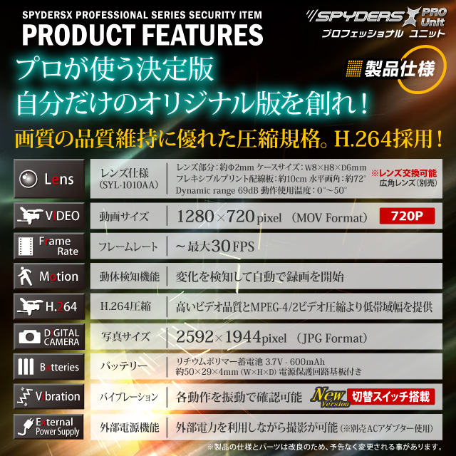 小型カメラ 防犯カメラ 小型ビデオカメラ 基板完成実用ユニット スパイカメラ スパイダーズX PRO (UT-102α) 720P H.264 動体検知 リモコン操作 振動切替機能