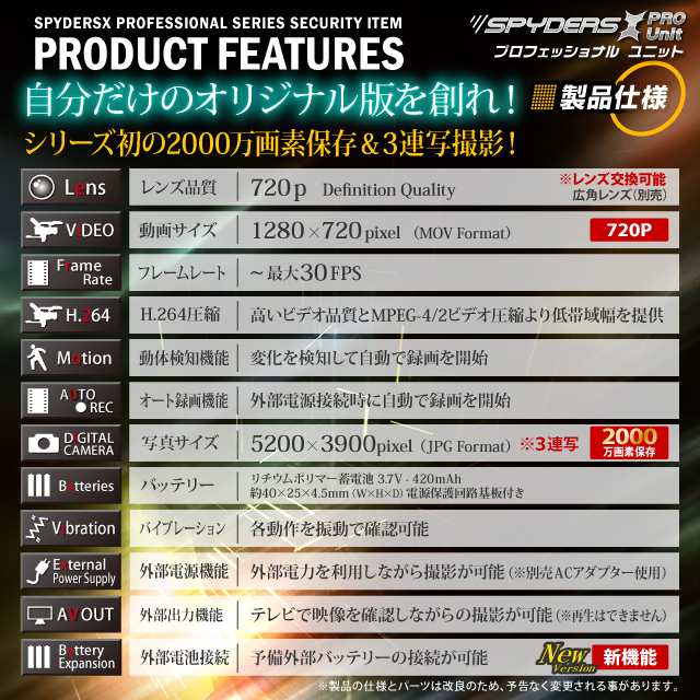 小型カメラ 防犯カメラ 小型ビデオカメラ  基板完成実用ユニット スパイカメラ スパイダーズX PRO (UT-103α) 720P H.264 2000万画素保存 3連写 外部バッテリー接続