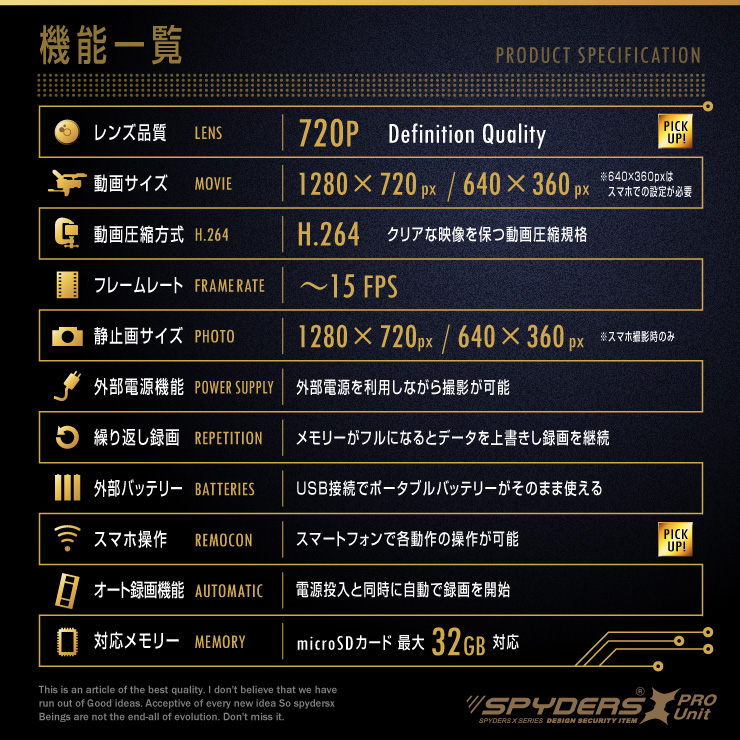 小型カメラ自作キット 基板完成実用ユニット スパイカメラ スパイダーズX PRO (UT-117) 720P 遠隔操作 スマホ接続 外部バッテリー接続 